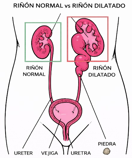 Dilatación de un riñón causada por la obstrucción de un cálculo renal en el uréter